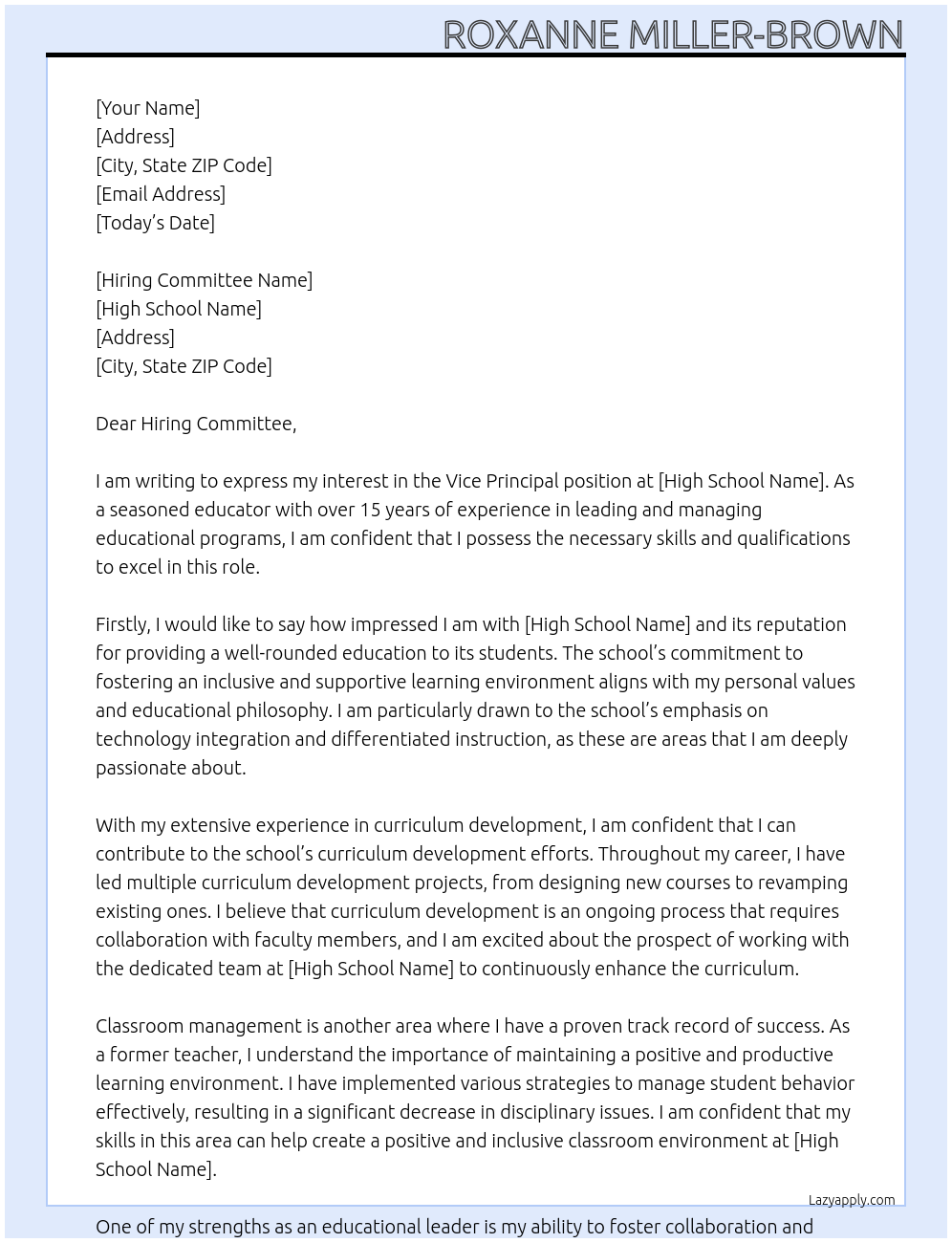 vice principal At high school Cover Letter