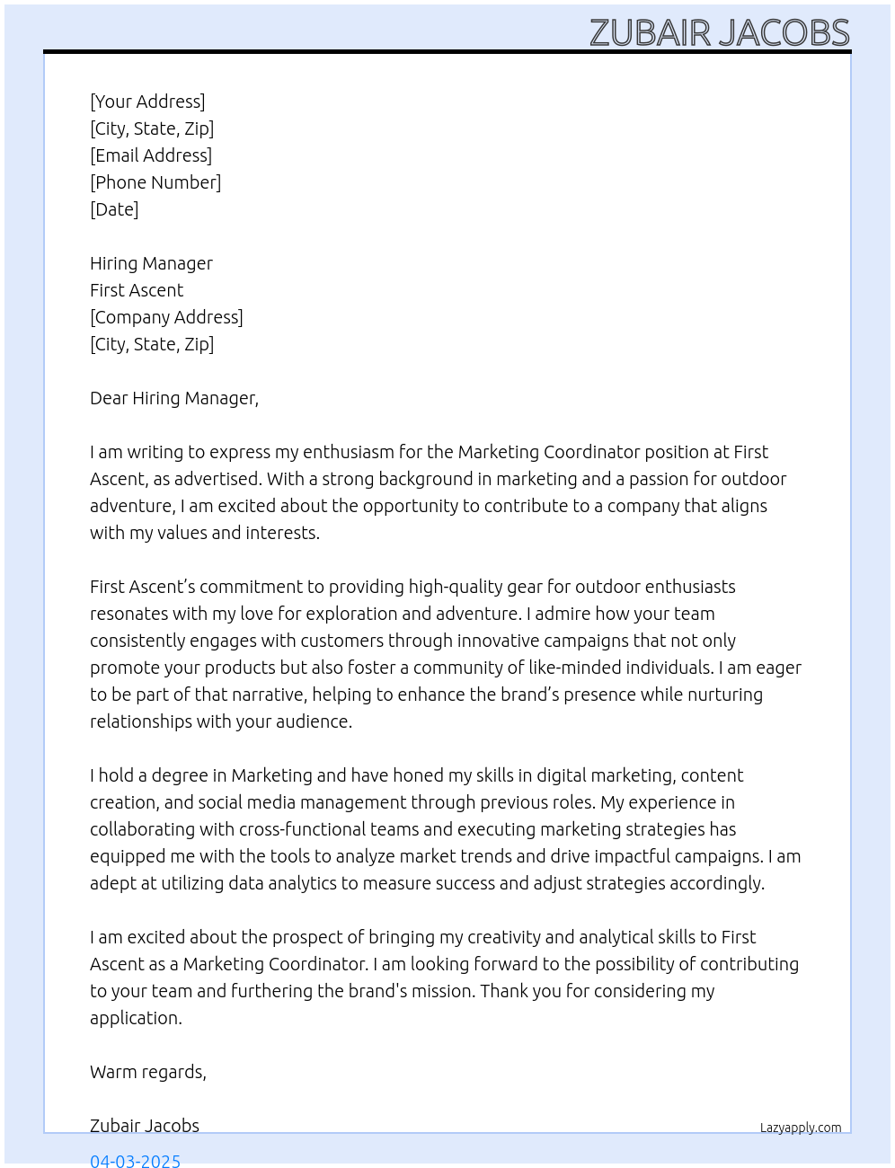 Marketing coordinator At First ascent Cover Letter