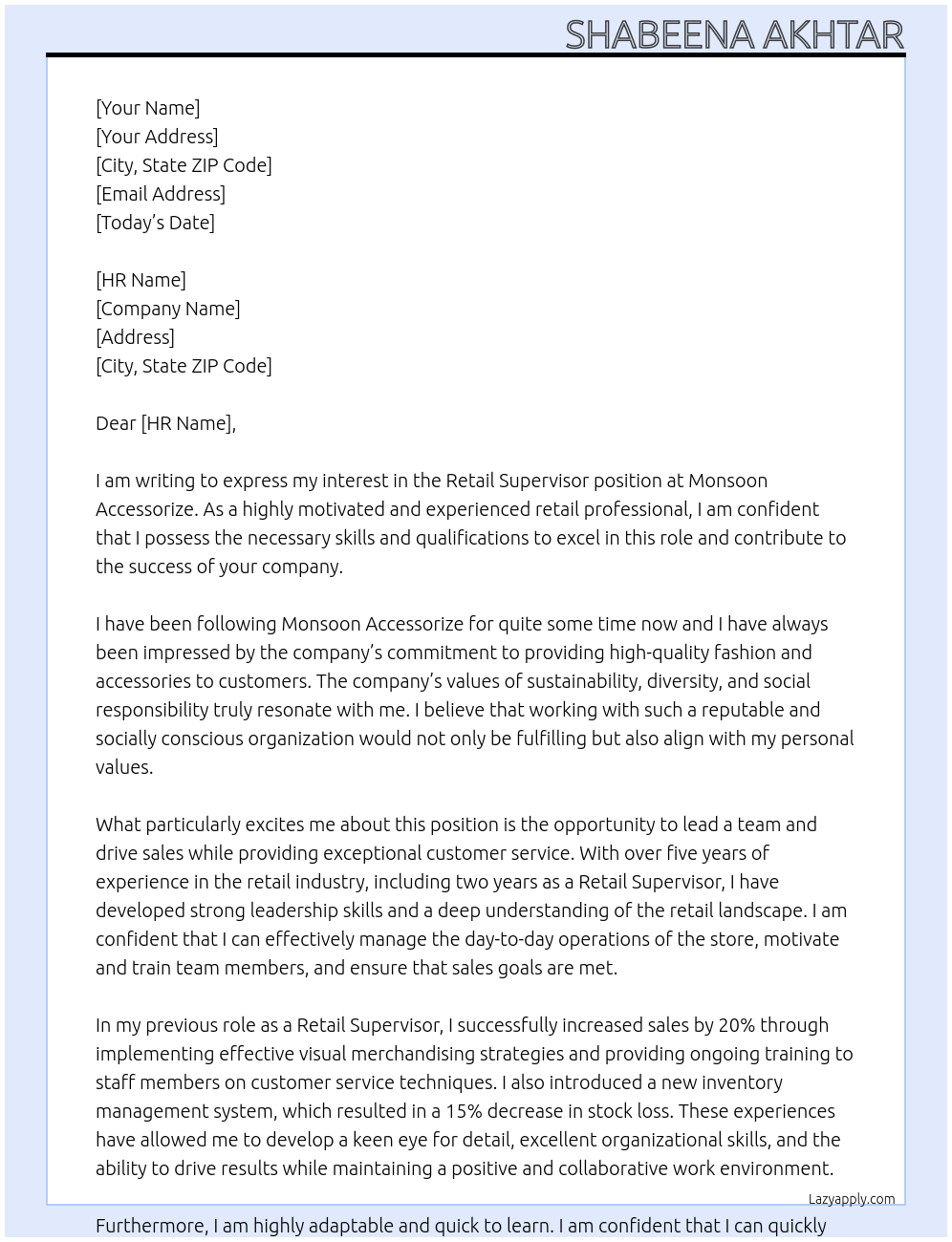 Retail Supervisor At Monsoon Accessorize Cover Letter