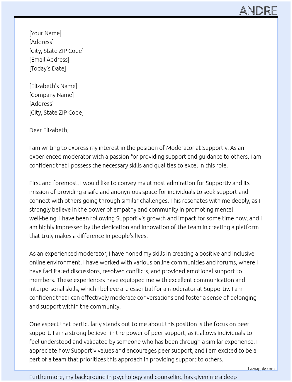 Moderator At Supportiv Cover Letter