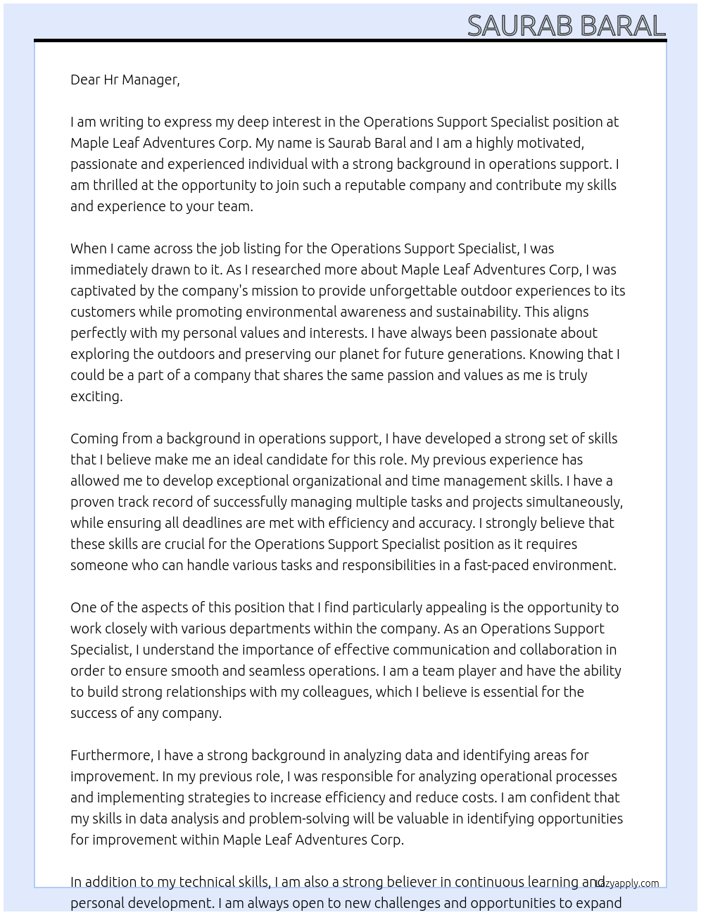 Operations Support Specialist At Maple Leaf Adventures Corp Cover Letter