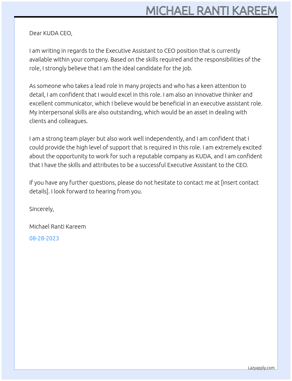 Executive Assistant to CEO At KUDA Cover Letter