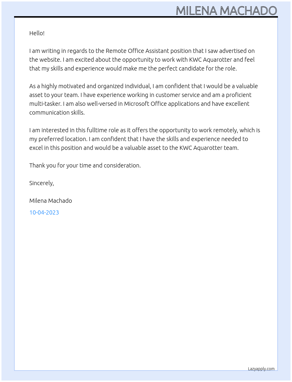 Remote Office Assistant At KWC Aquarotter Cover Letter