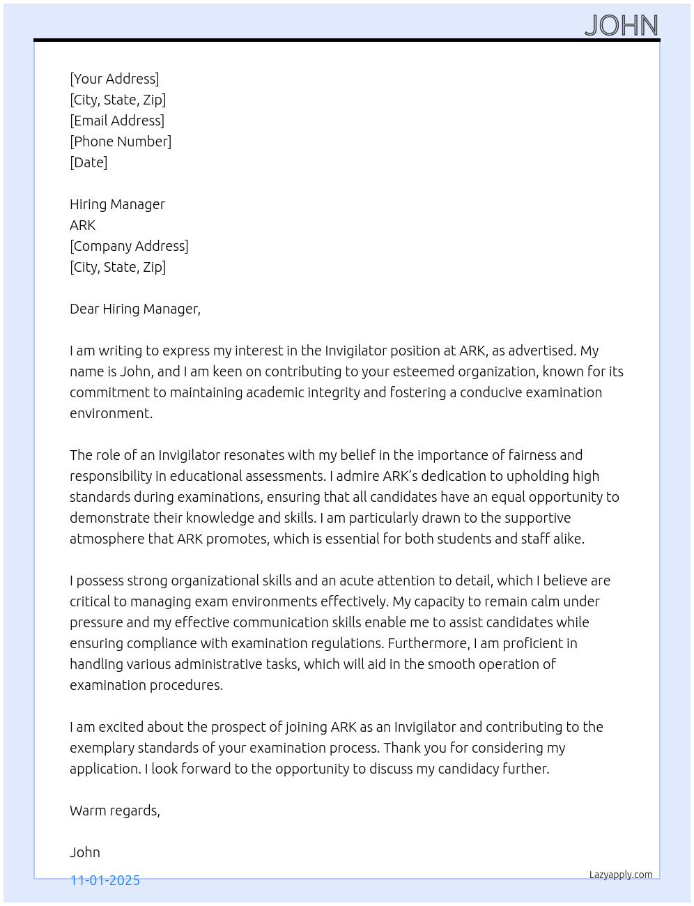Cover letter for invigilator - LazyApply