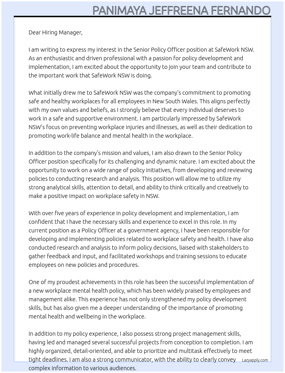 senior policy officer At safework NSW Cover Letter