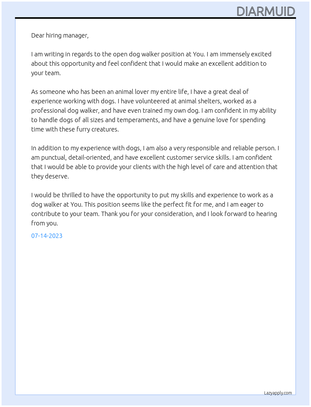 Dog Walker At You Cover Letter