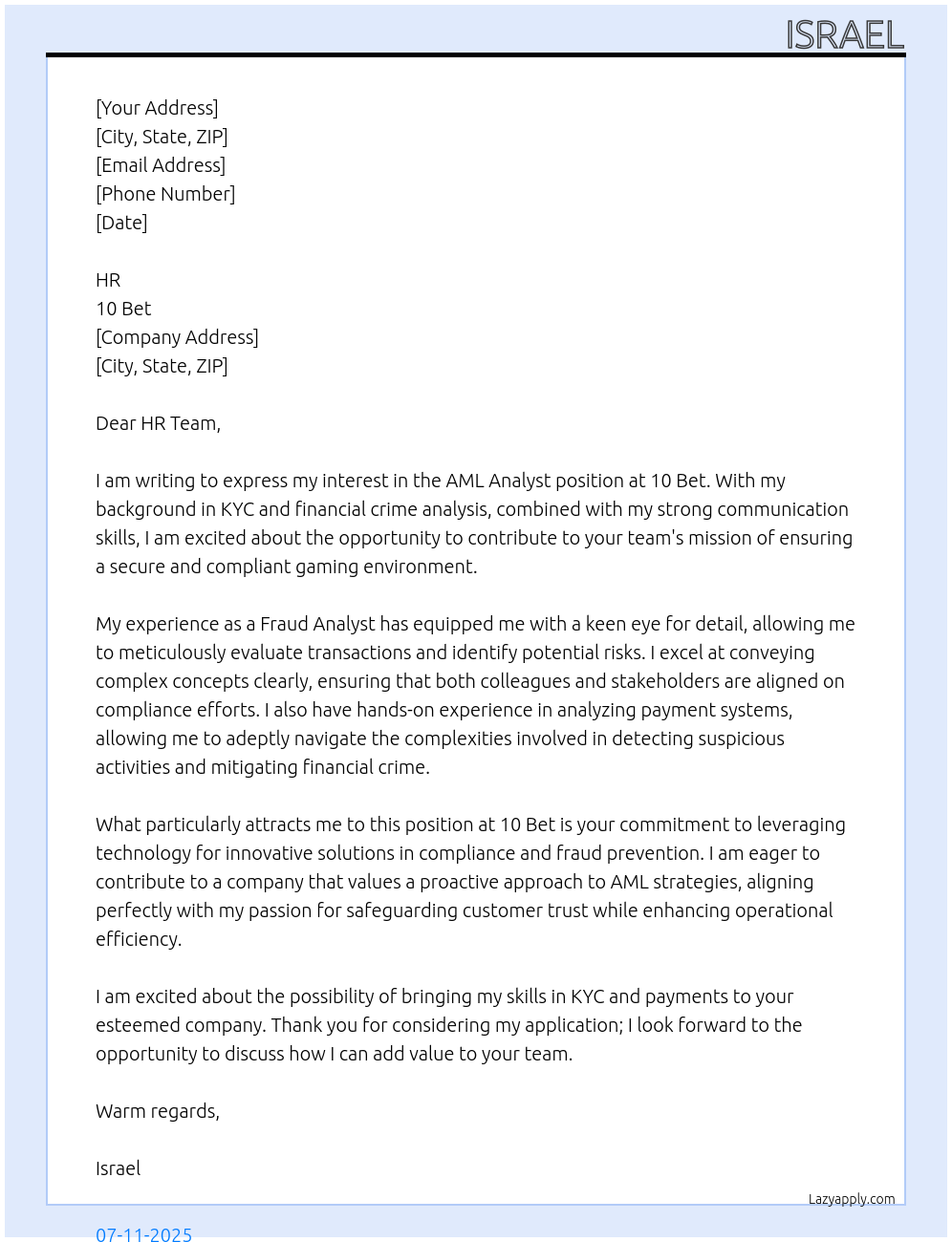 Aml analyst At 10 bet Cover Letter