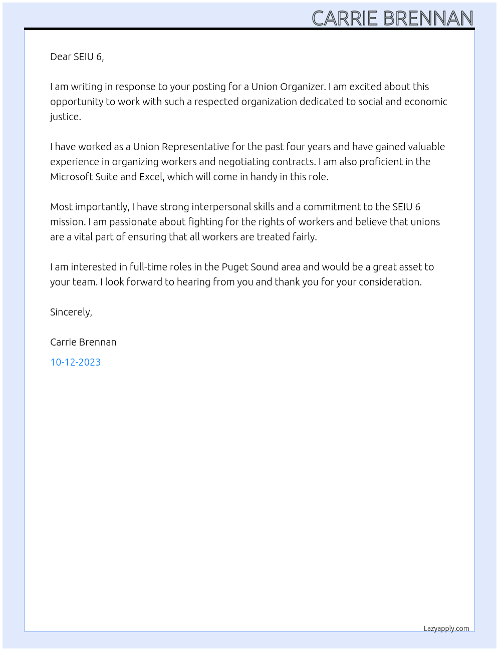 Union Organizer At SEIU 6 Cover Letter