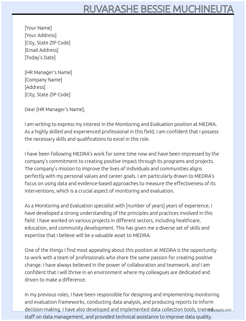 Monitoring and evaluation At MEDRA Cover Letter