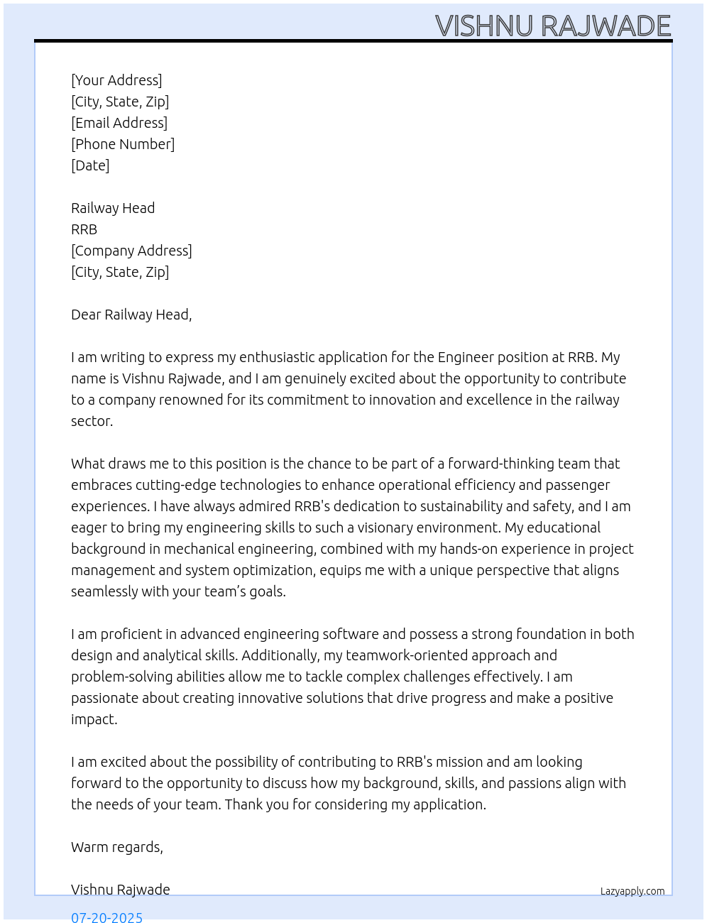 Engineer At RRB Cover Letter