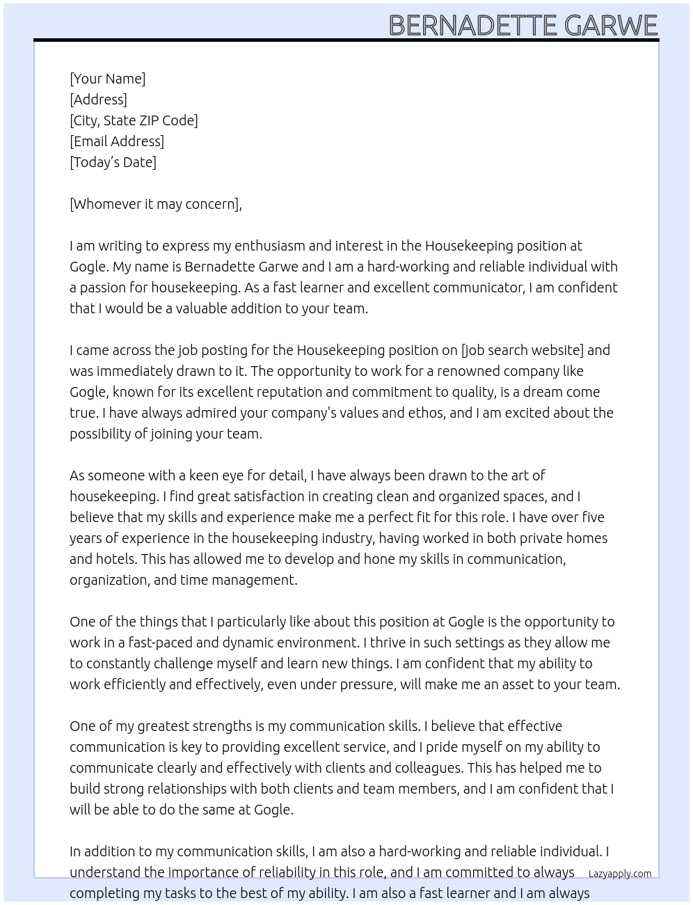 Housekeeping At gogle Cover Letter