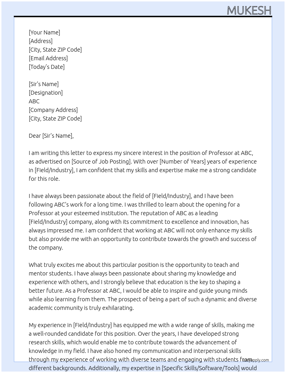PROFESSOR At ABC Cover Letter