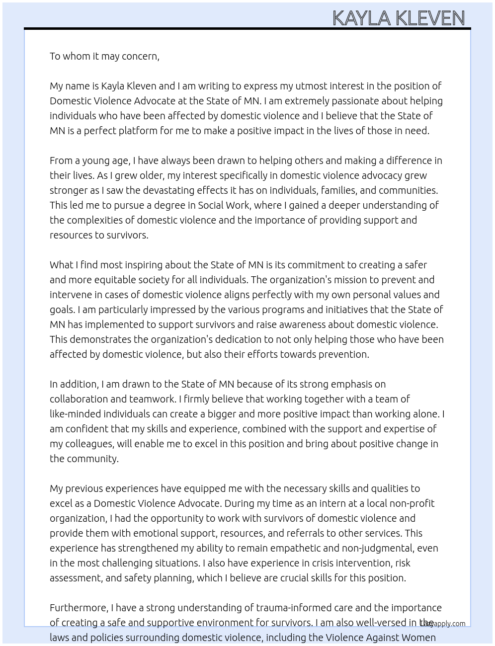 Domestic violence advocate At State of MN Cover Letter