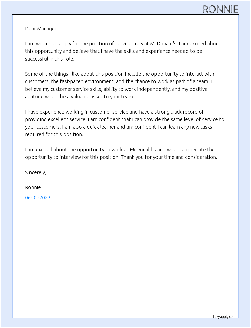 Service crew At Mcdonald Cover Letter