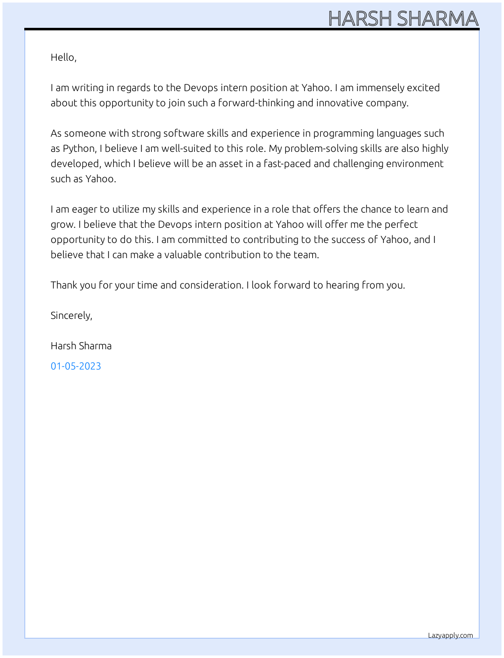 Devops intern At Yahoo Cover Letter