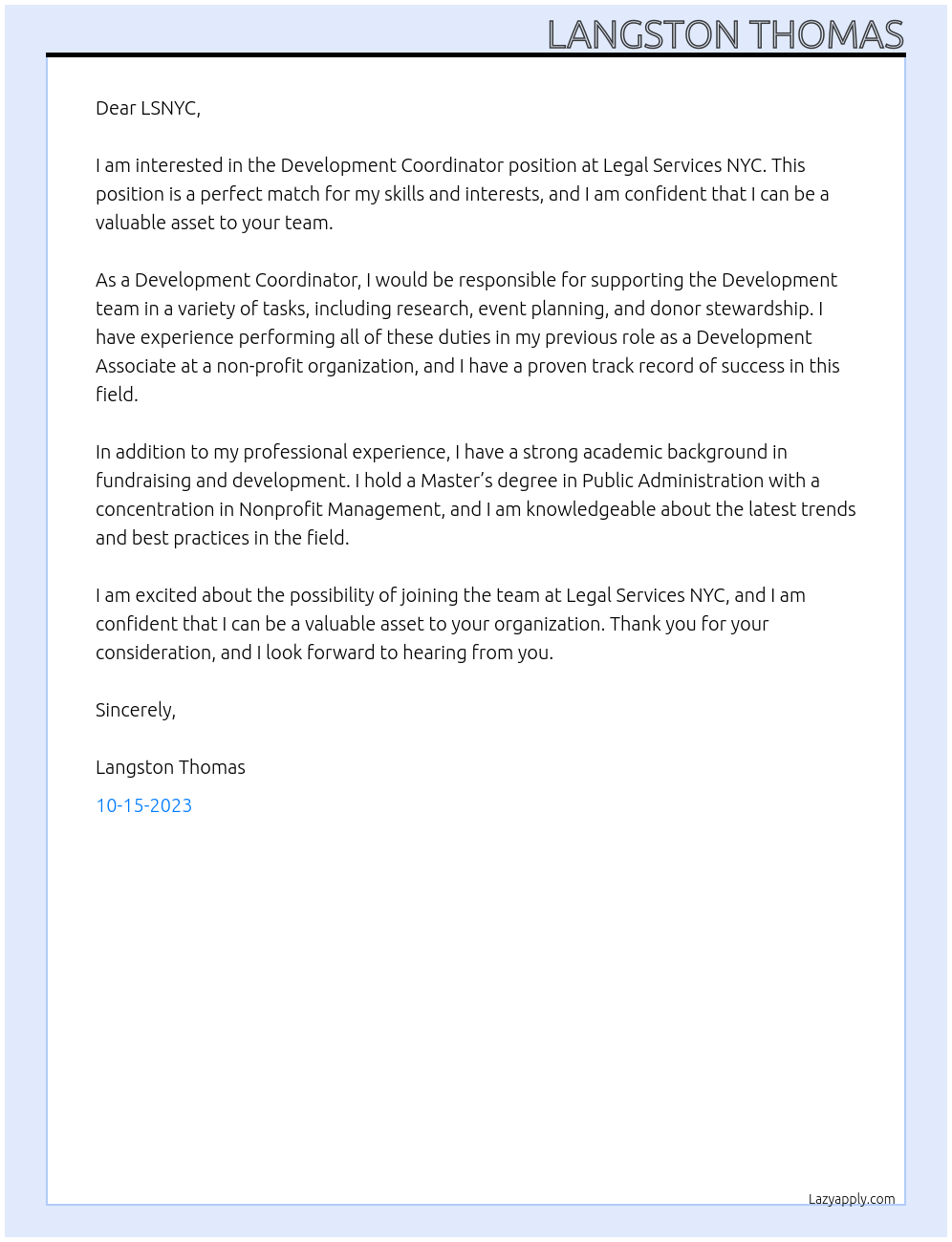 Development Coordinator At Legal Services NYC Cover Letter