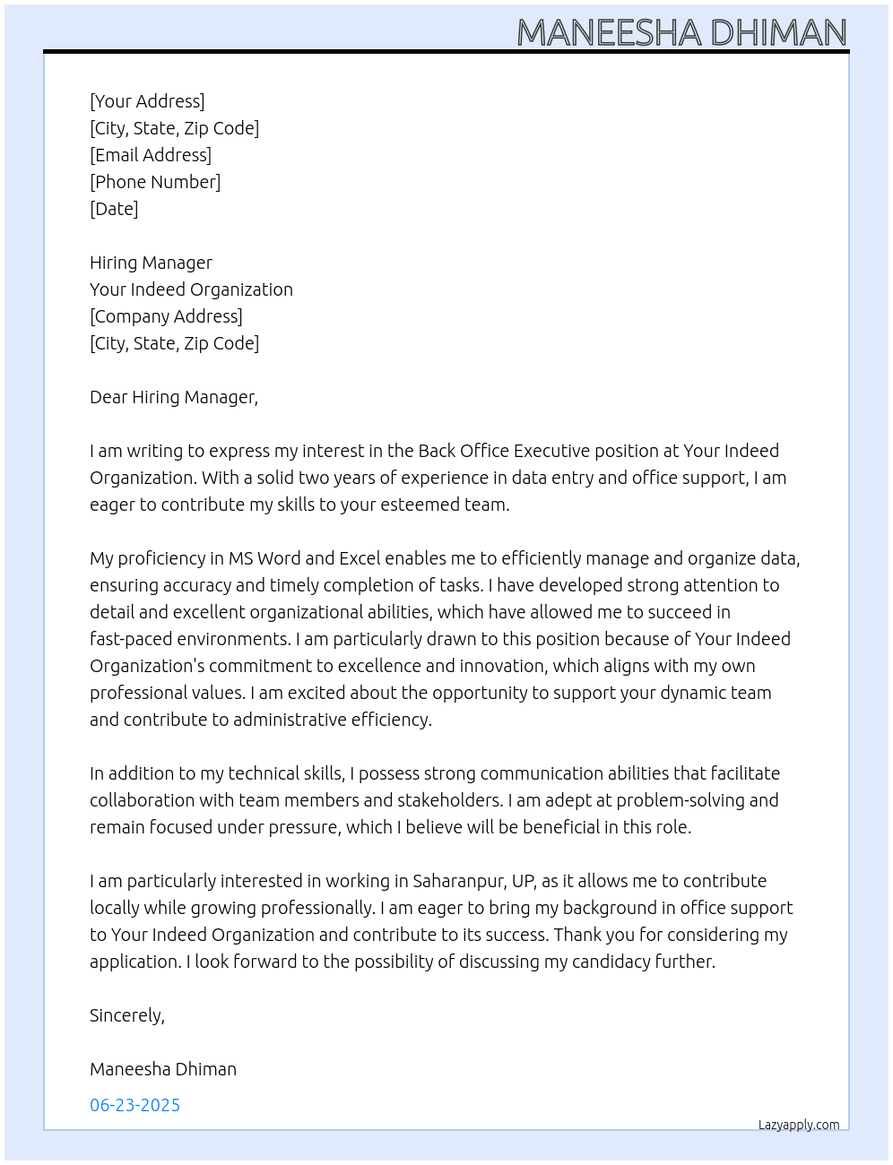Back office executive At Your indeed organization Cover Letter