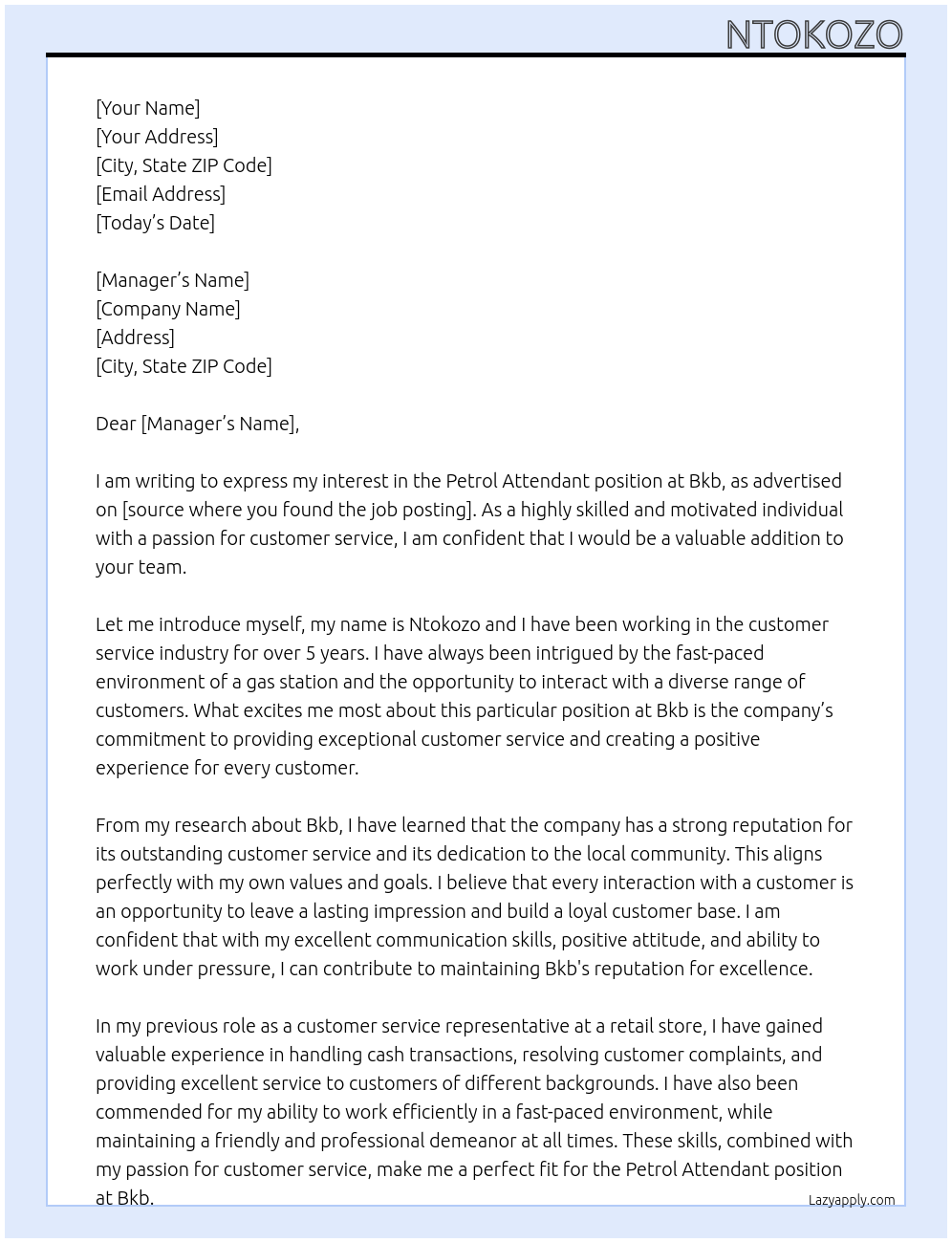 Petrol attendant At Bkb  Cover Letter