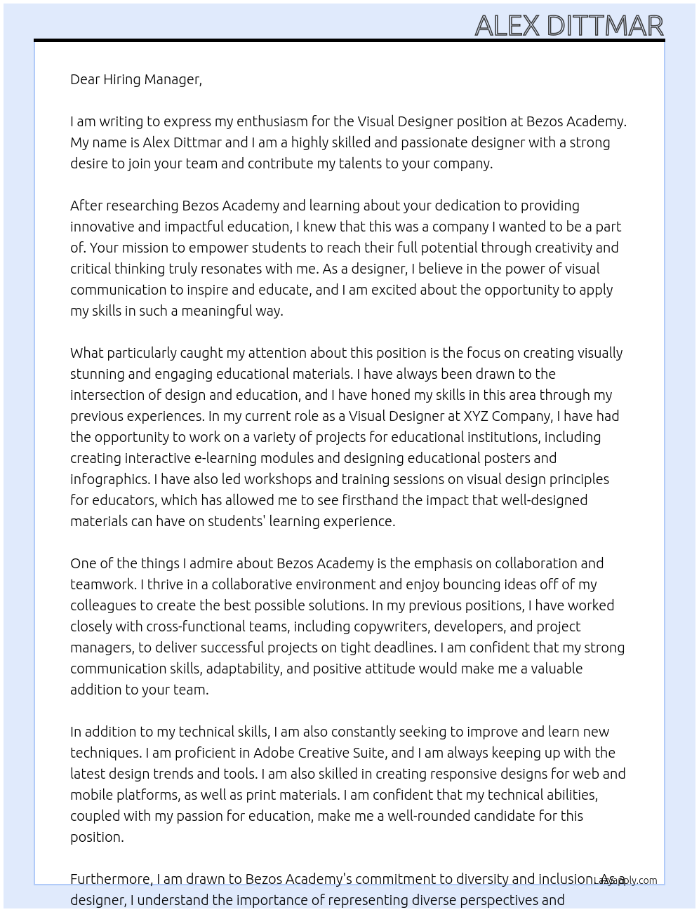 Visual Designer At Bezos Academy Cover Letter