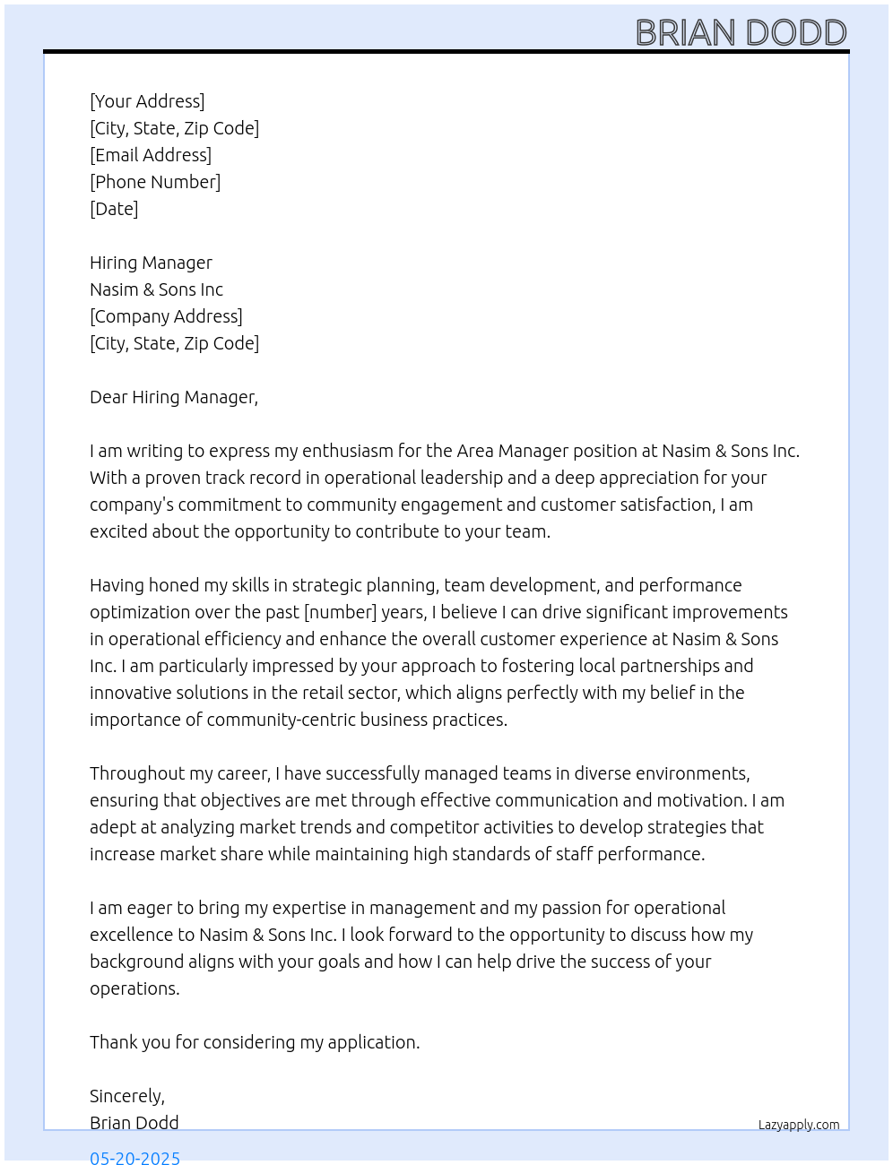 Area Manager At Nasim & Sons Inc Cover Letter