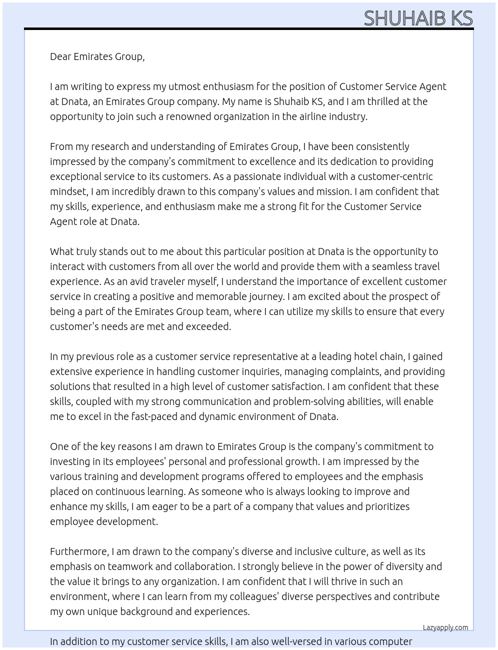 Customer service agent At Dnata an Emirates group Cover Letter