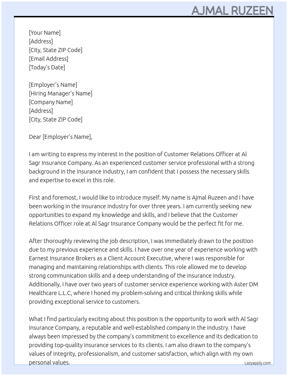 CUSTOMER RELATIONS OFFICER At AL SAGR INSURANCE COMPANY Cover Letter