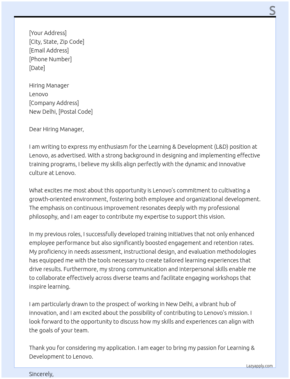 L&D At Lenovo Cover Letter