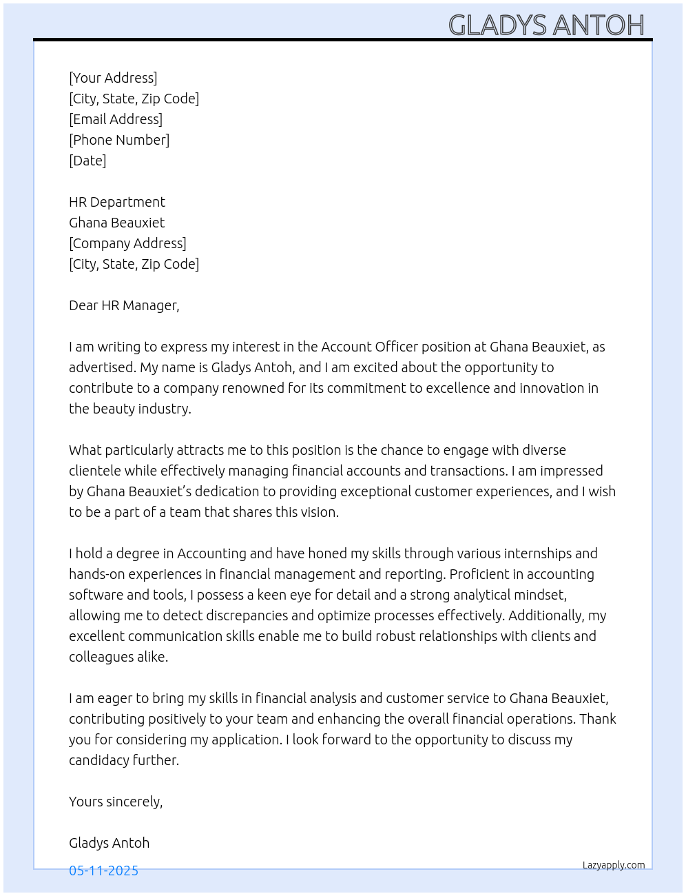 Account officer At Ghana beauxiet Cover Letter