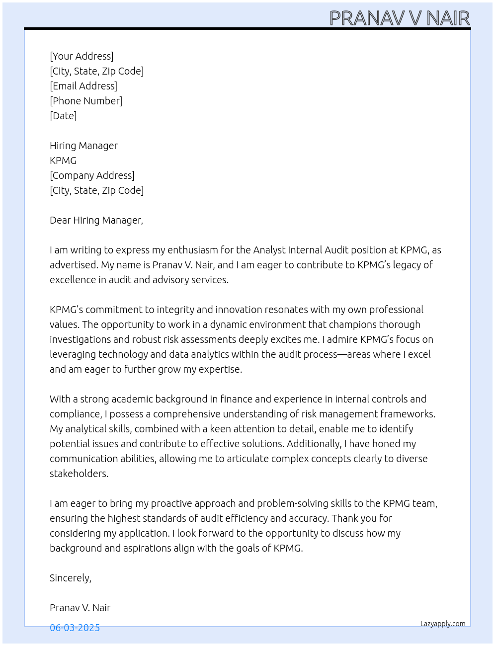 analyst internal audit At KPMG  Cover Letter