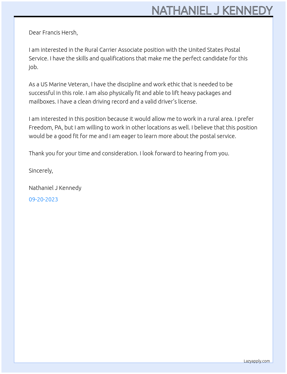 Rural carrier associate At United States postal service Cover Letter