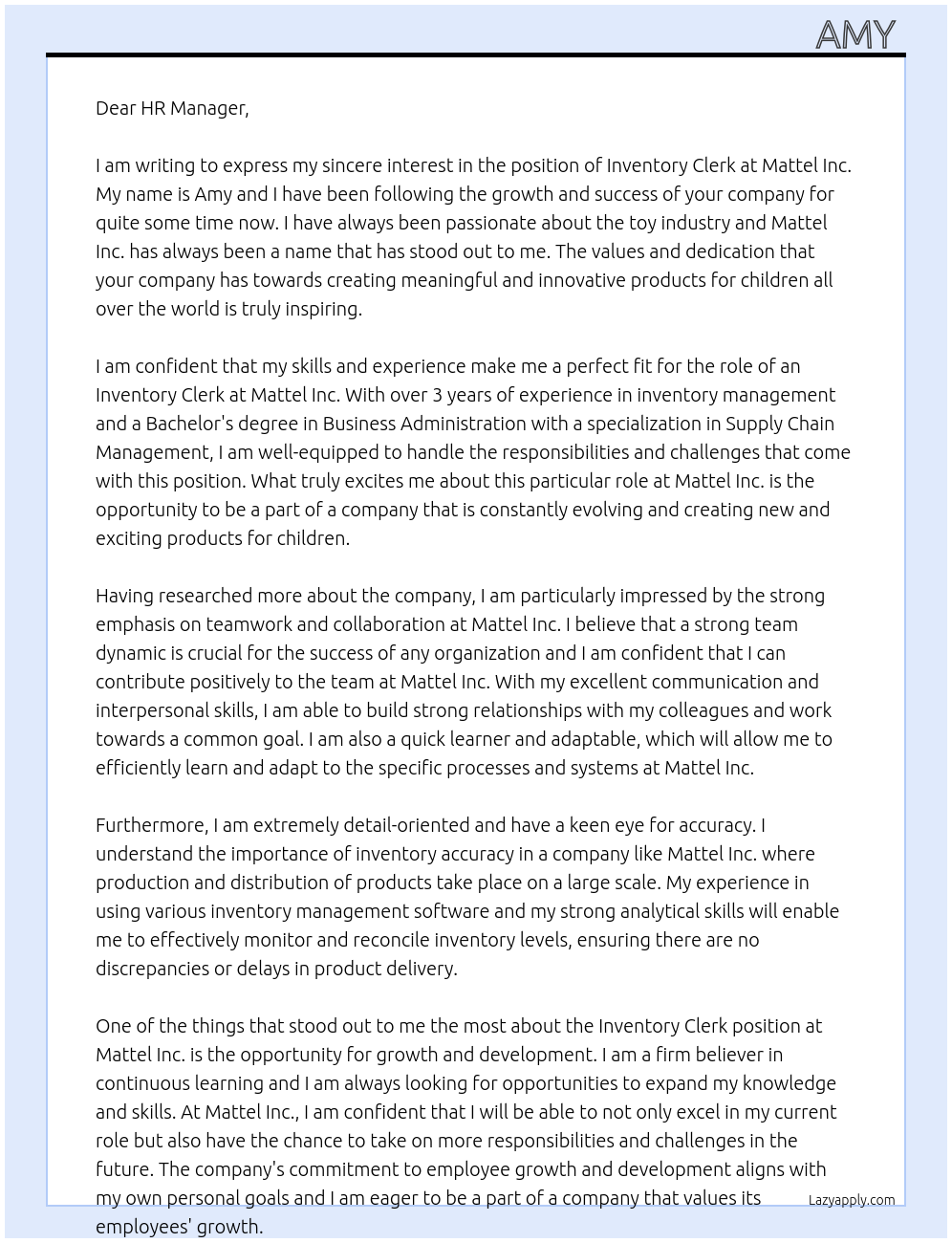 inventory clerk At Mattel Inc Cover Letter