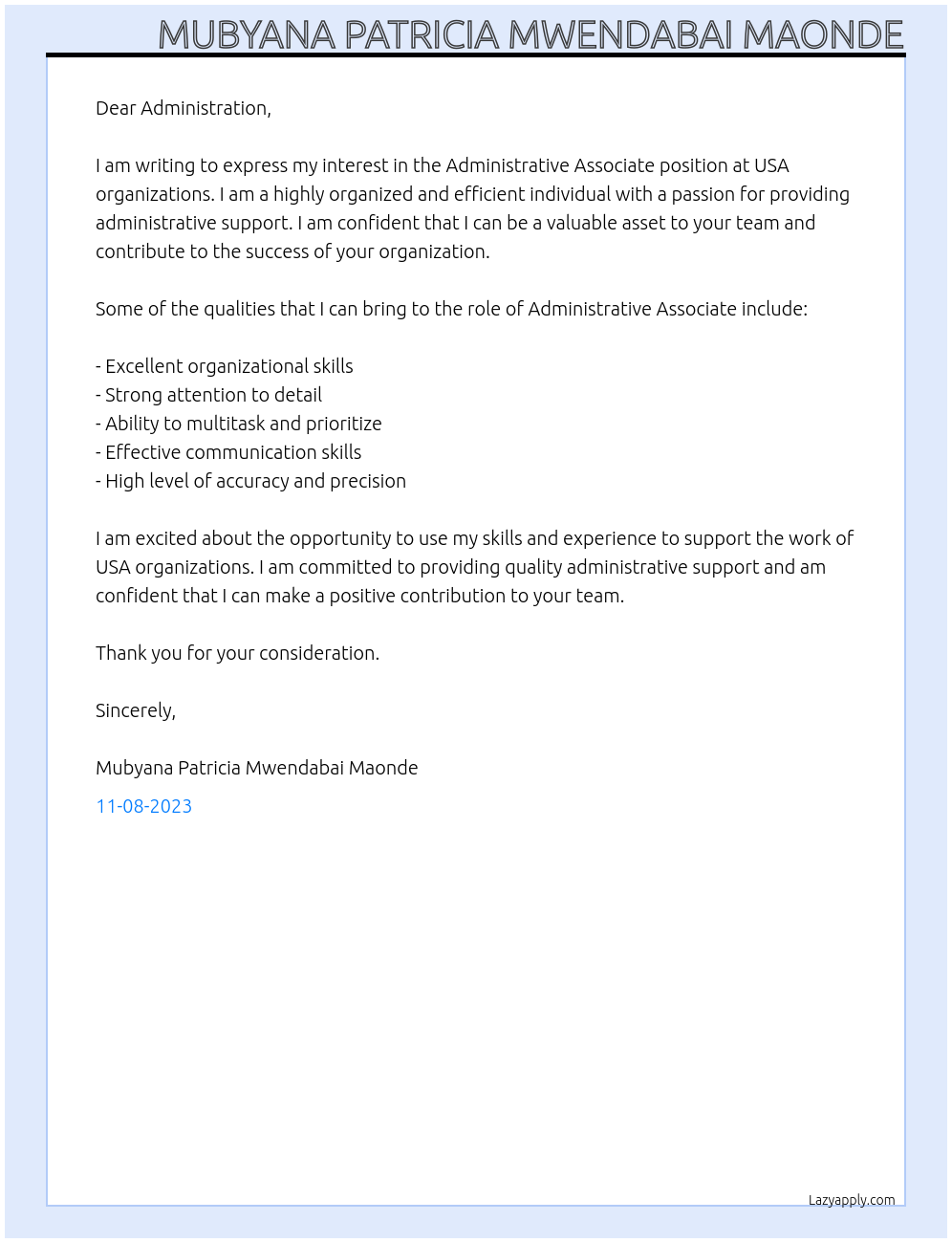 Administrative Associate At Administration Cover Letter