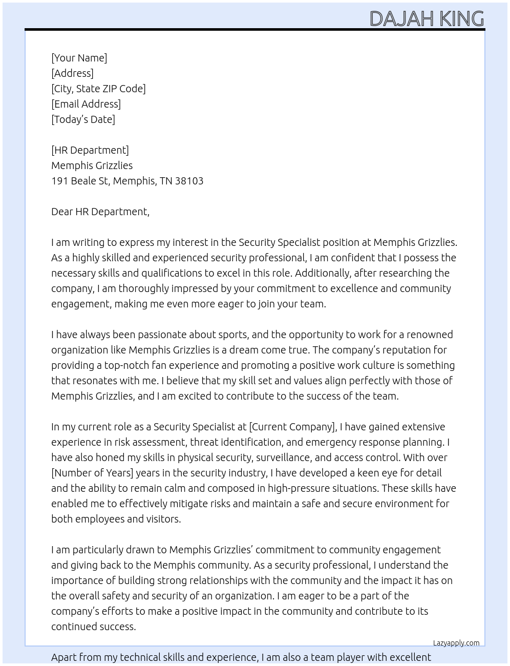Security Specialist At Memphis Grizzlies Cover Letter