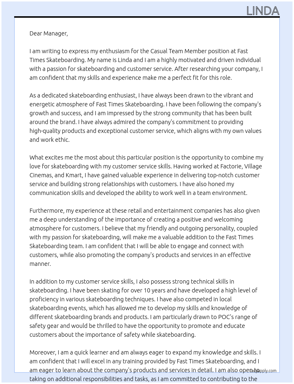 Casual Team Member At Fast Times Skateboarding Cover Letter