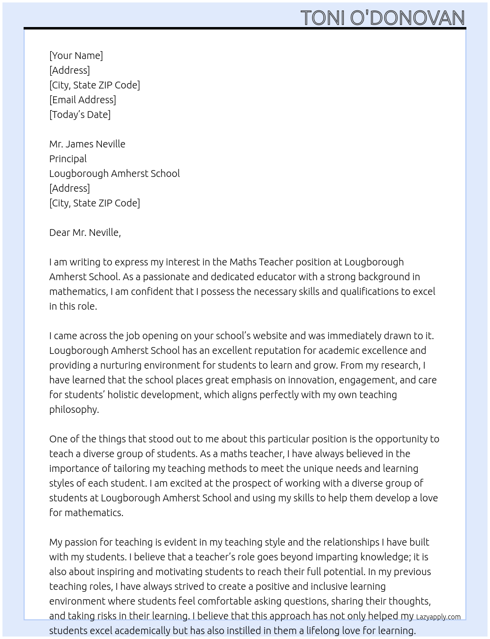 maths teacher At Lougborough Amherst School Cover Letter