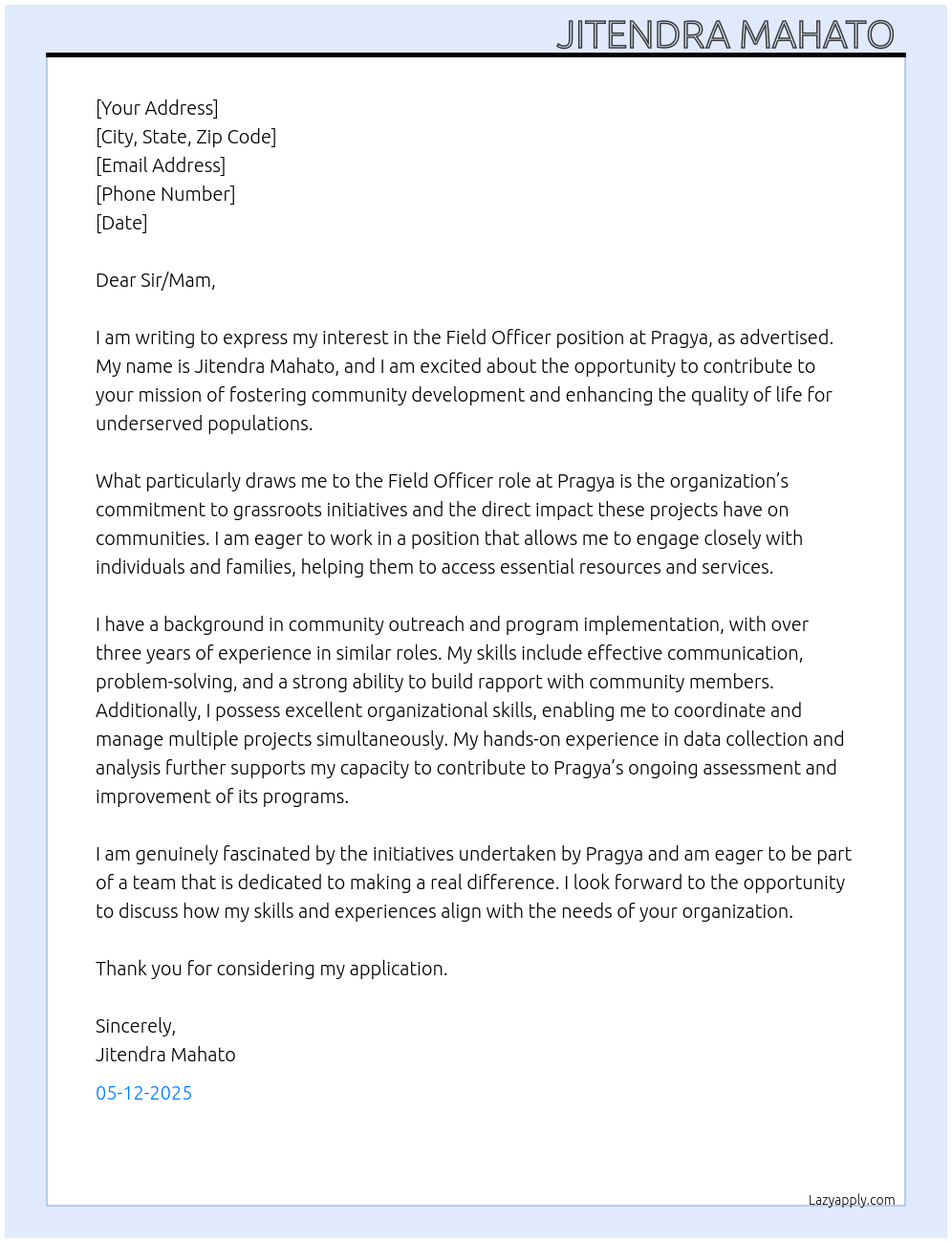 FIELD OFFICER At PRAGYA Cover Letter