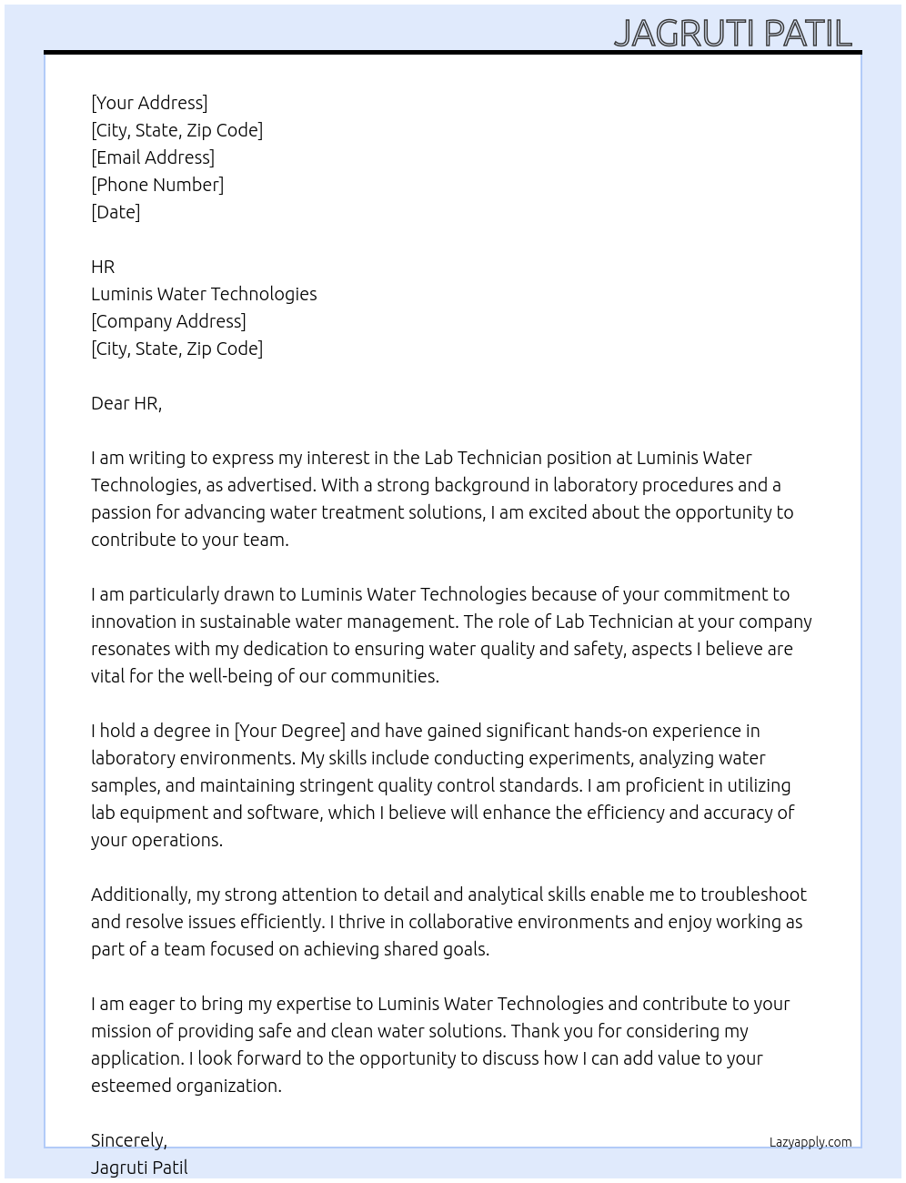 Lab technician At Luminis water technologies Cover Letter