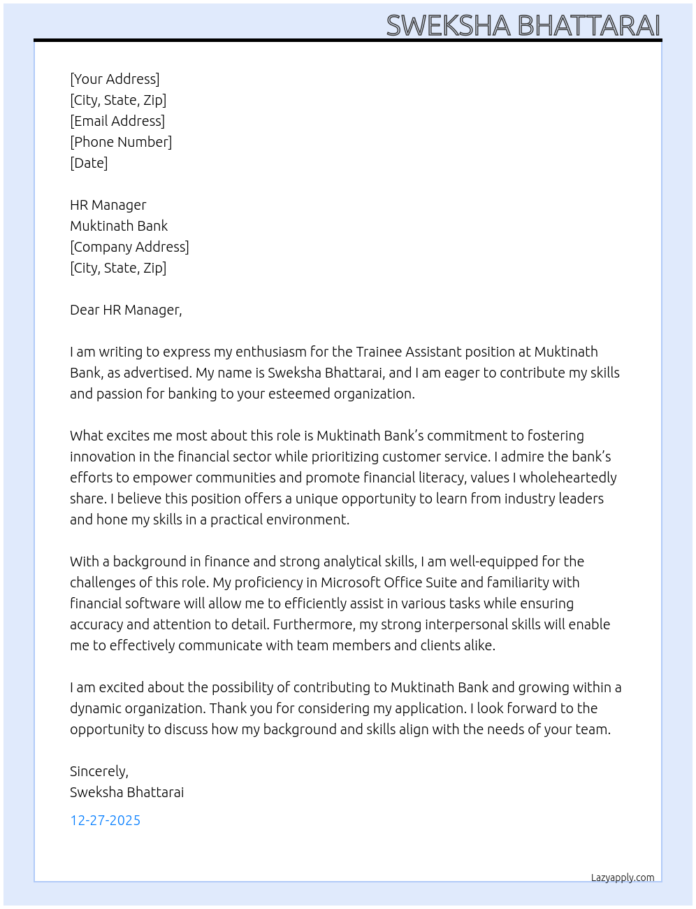 Cover letter for trainee assistant - LazyApply