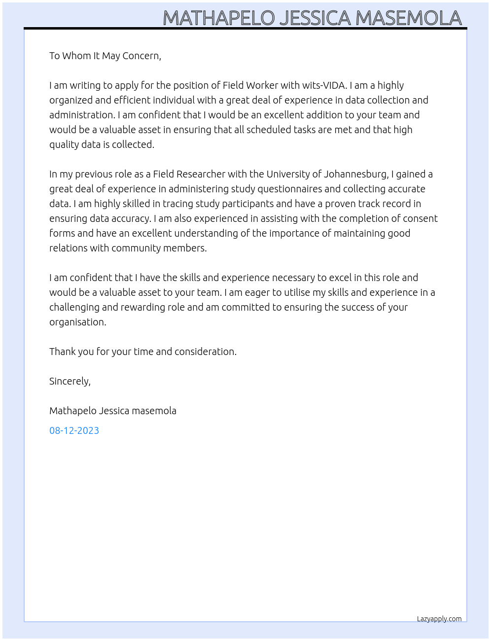 field worker At wits-VIDA Cover Letter