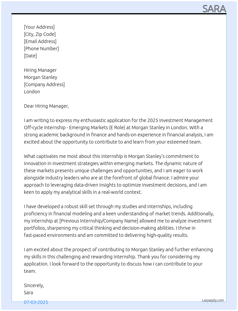 Application For 2025 Investment Management Off-cycle Internship - Emerging Markets (London) At morgan stanley Cover Letter
