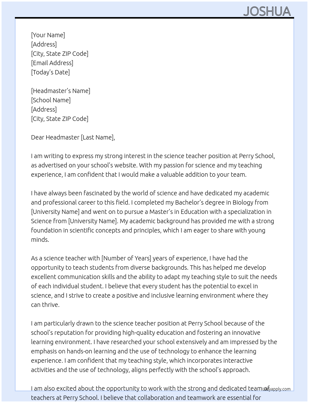 science teacher At Perry Cover Letter