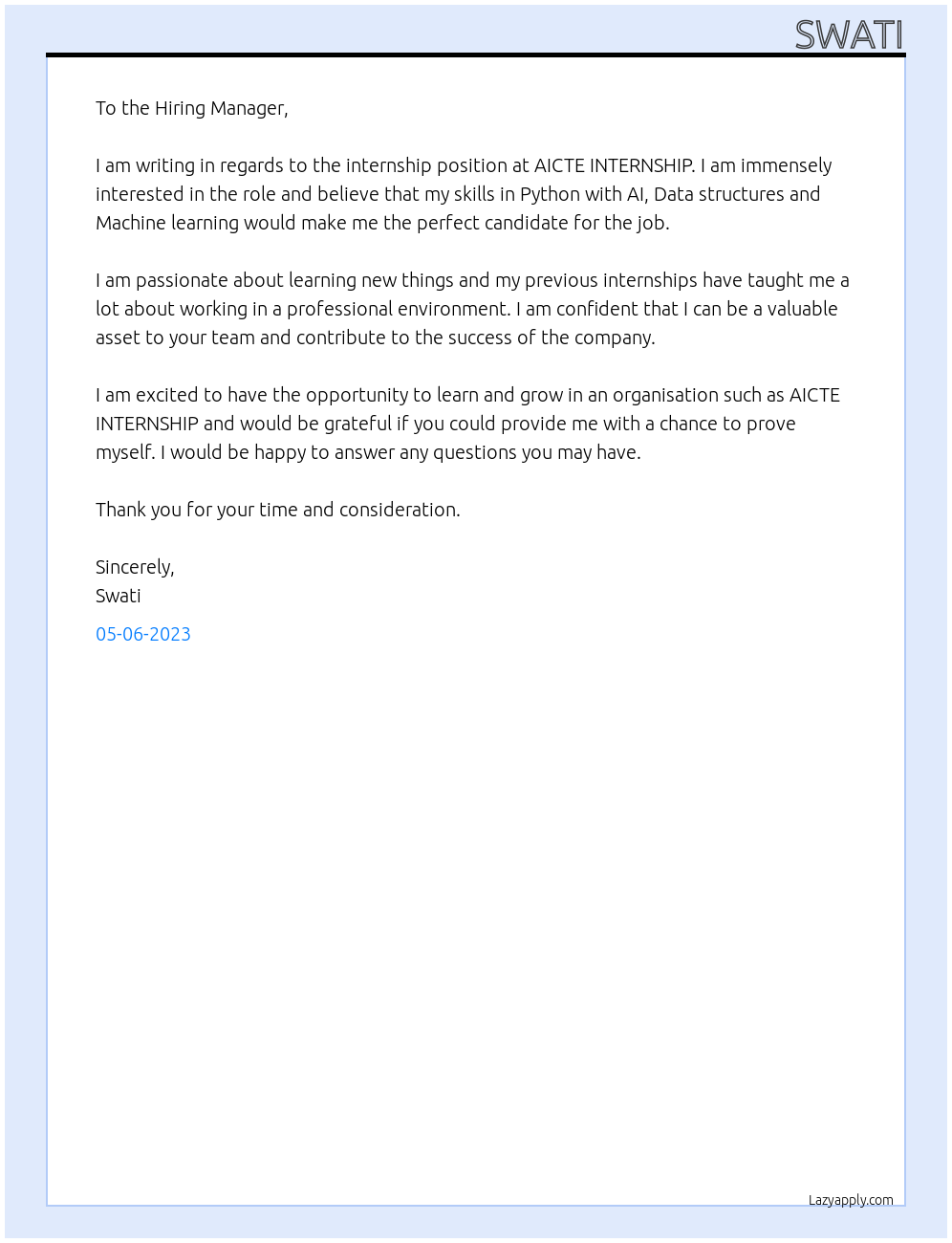 Intership At AICTE INTERNSHIP Cover Letter