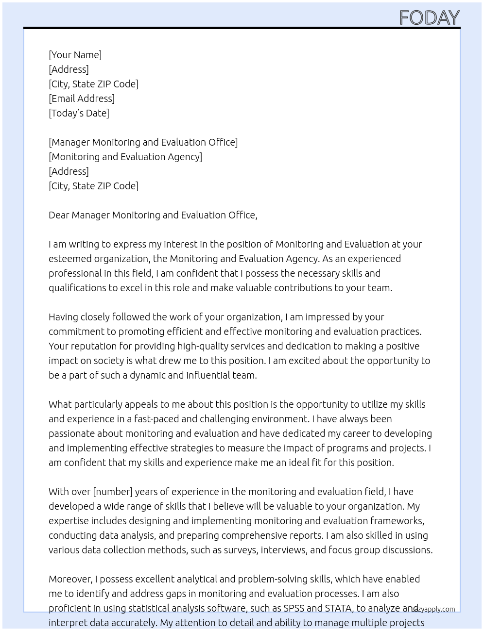 monitoring and evaluation At monitoring and evaluationj agency Cover Letter