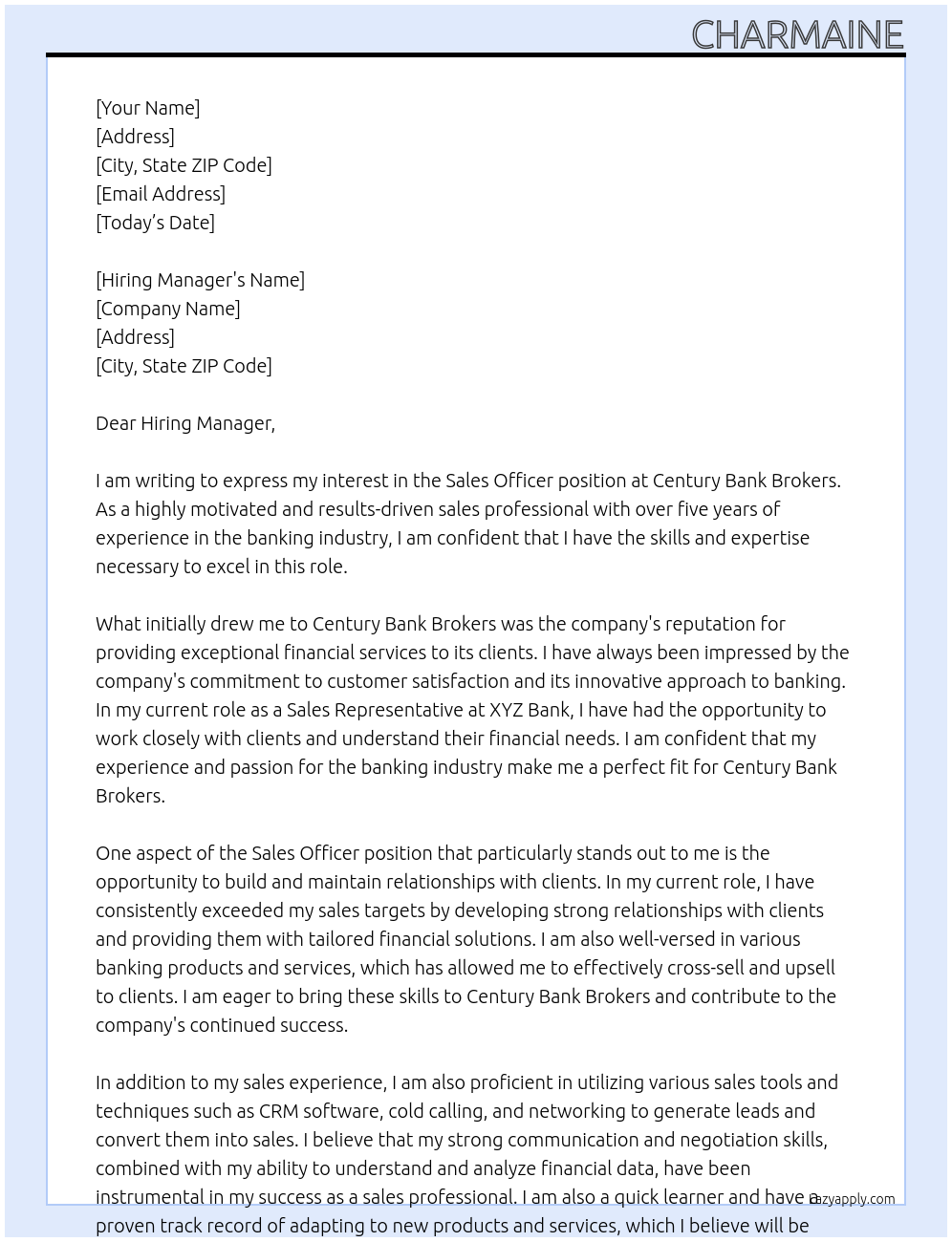 Sales Officer At Century Bank Brokers Cover Letter