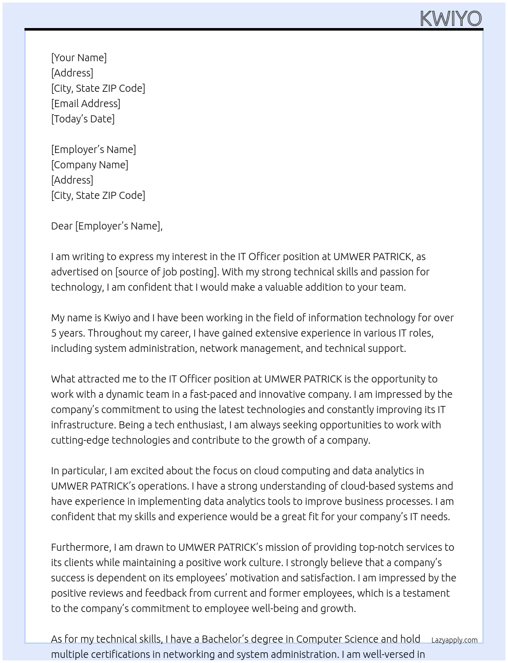 it officer At UMWER PATRICK Cover Letter