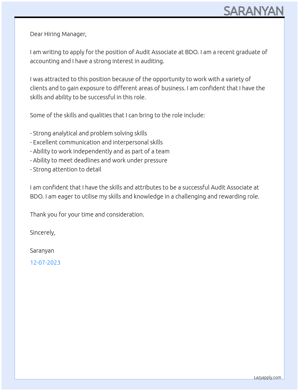 Audit Associate At BDO Cover Letter