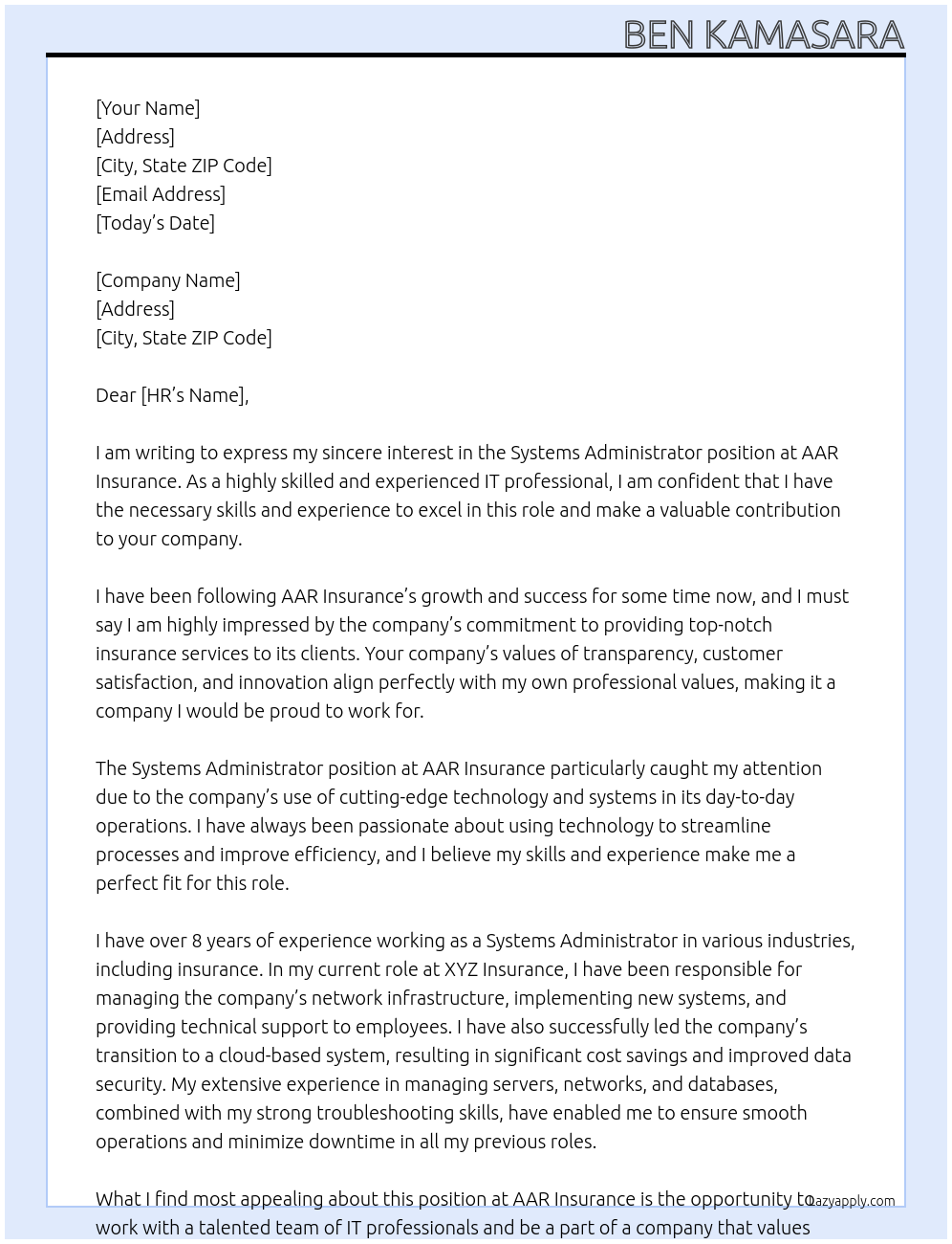 systems administrator At AAR INSUARANCE Cover Letter