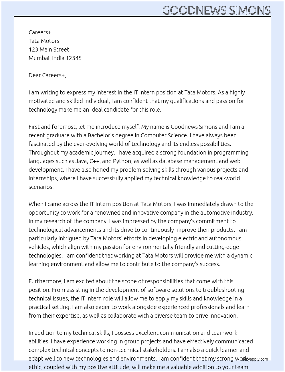 IT Intern At Tata Motors Cover Letter