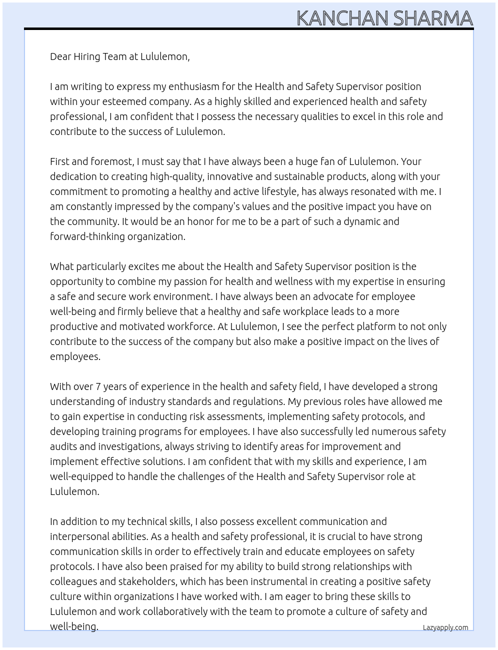Health and Safety Supervisor At Lululemon Cover Letter