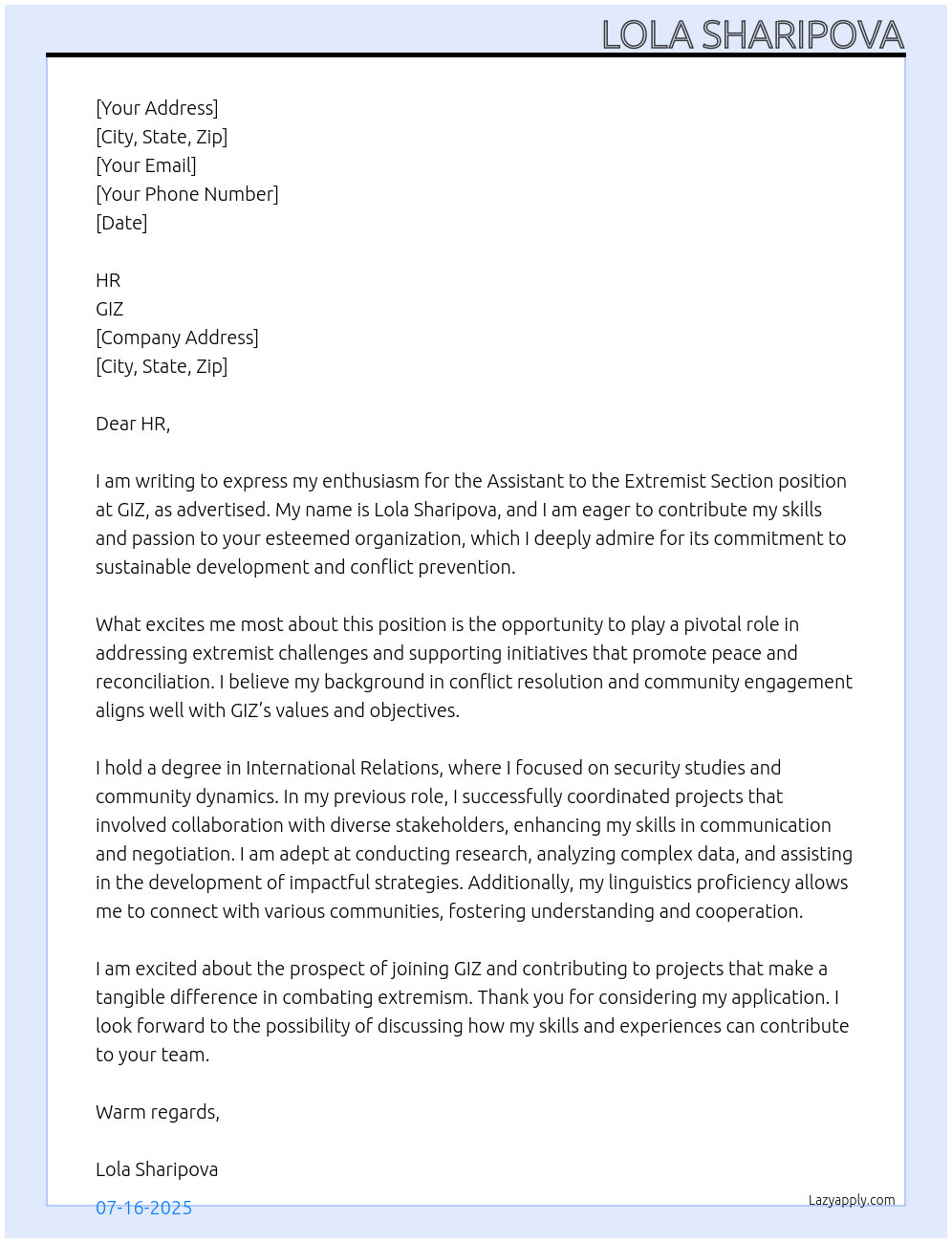 assistant to extrimist section At GIZ Cover Letter